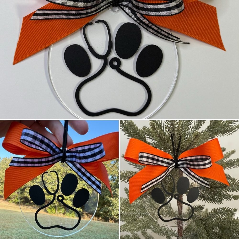 Paw Print Stethoscope, Car Charm - Christmas Ornament with Orange & Black Bow
